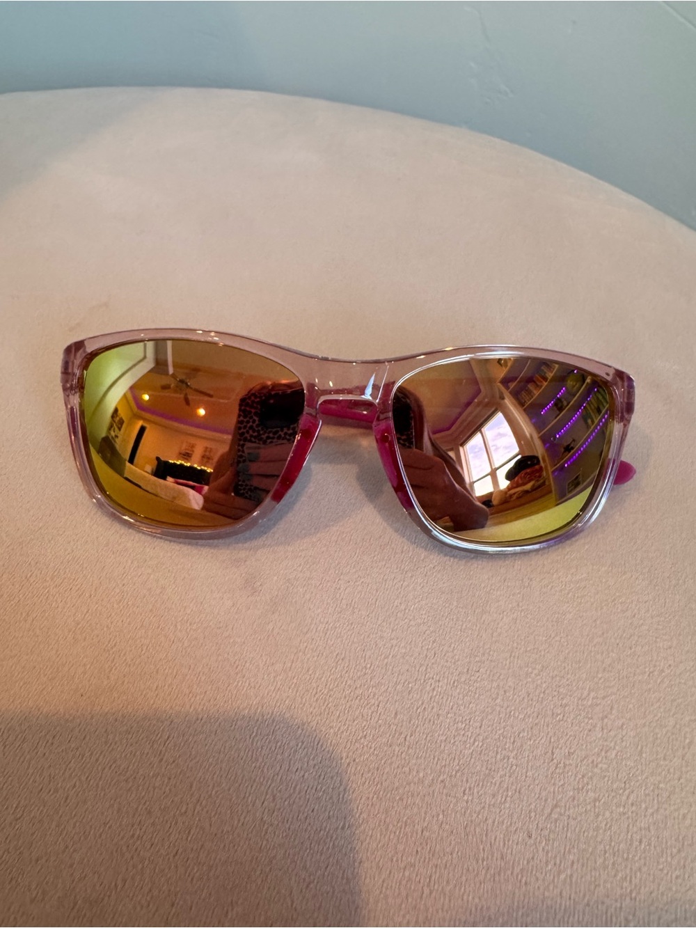 Pink Transparent Frame Sunglasses with Gold Mirrored Lenses